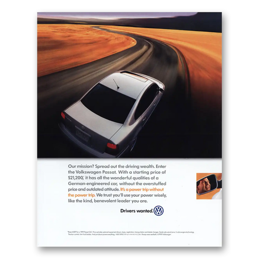 1999 Volkswagen Passat Our Mission Vintage Magazine Print Ad