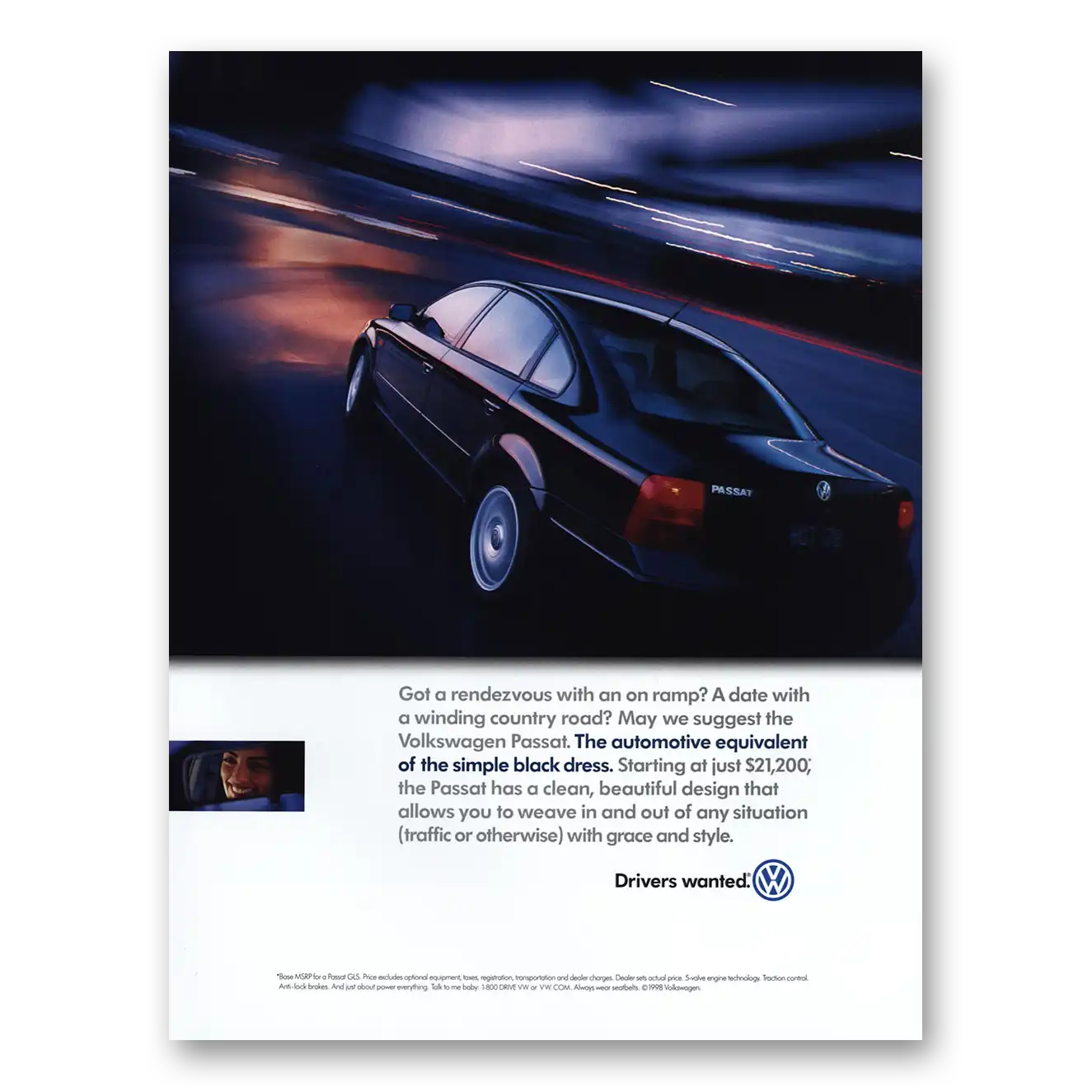 1998 Volkswagen Passat Rendezvous With an On Ramp Vintage Magazine Print Ad