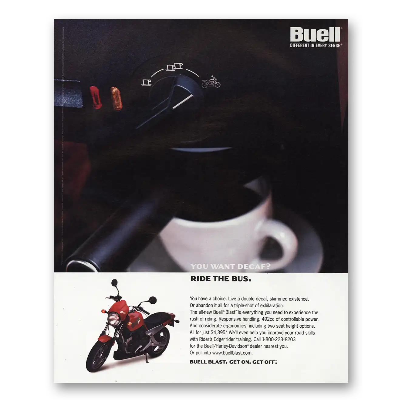 2000 Buell Motorcycles Blast You Want Decaf Ride the Bus Vintage Magazine Print Ad