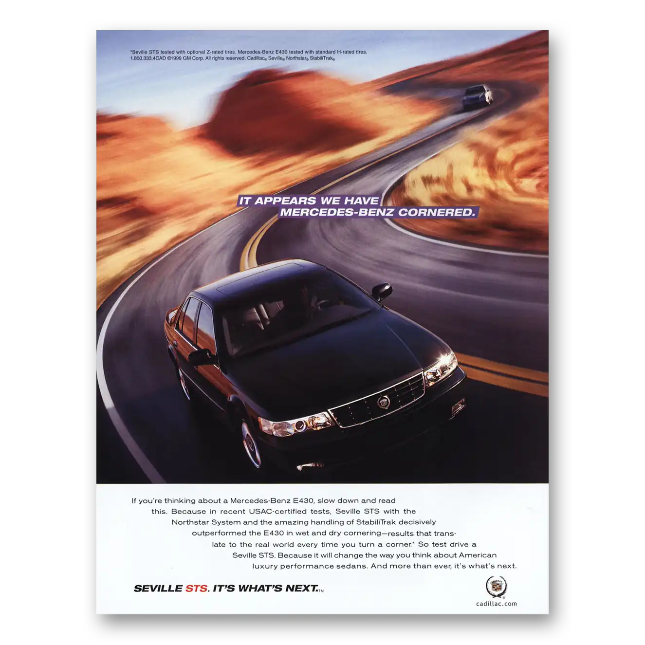 1999 Cadillac Seville Mercedes Benz Cornered Vintage Magazine Print Ad