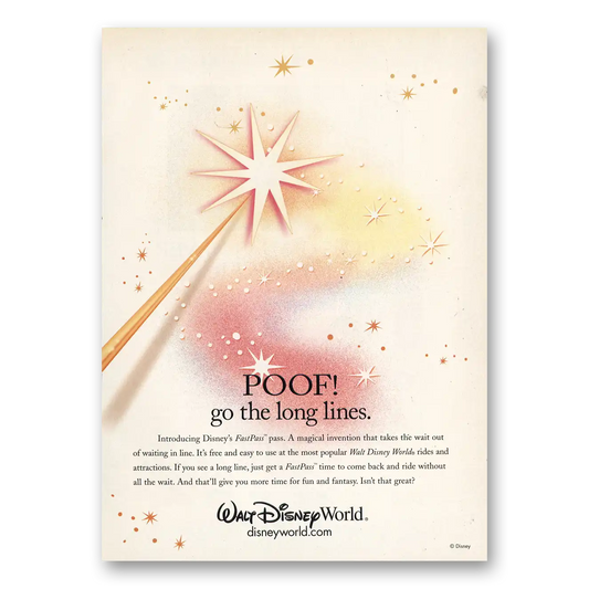 2000 Walt Disney World Poof Go Long Lines Fast Pass Vintage Magazine Print Ad