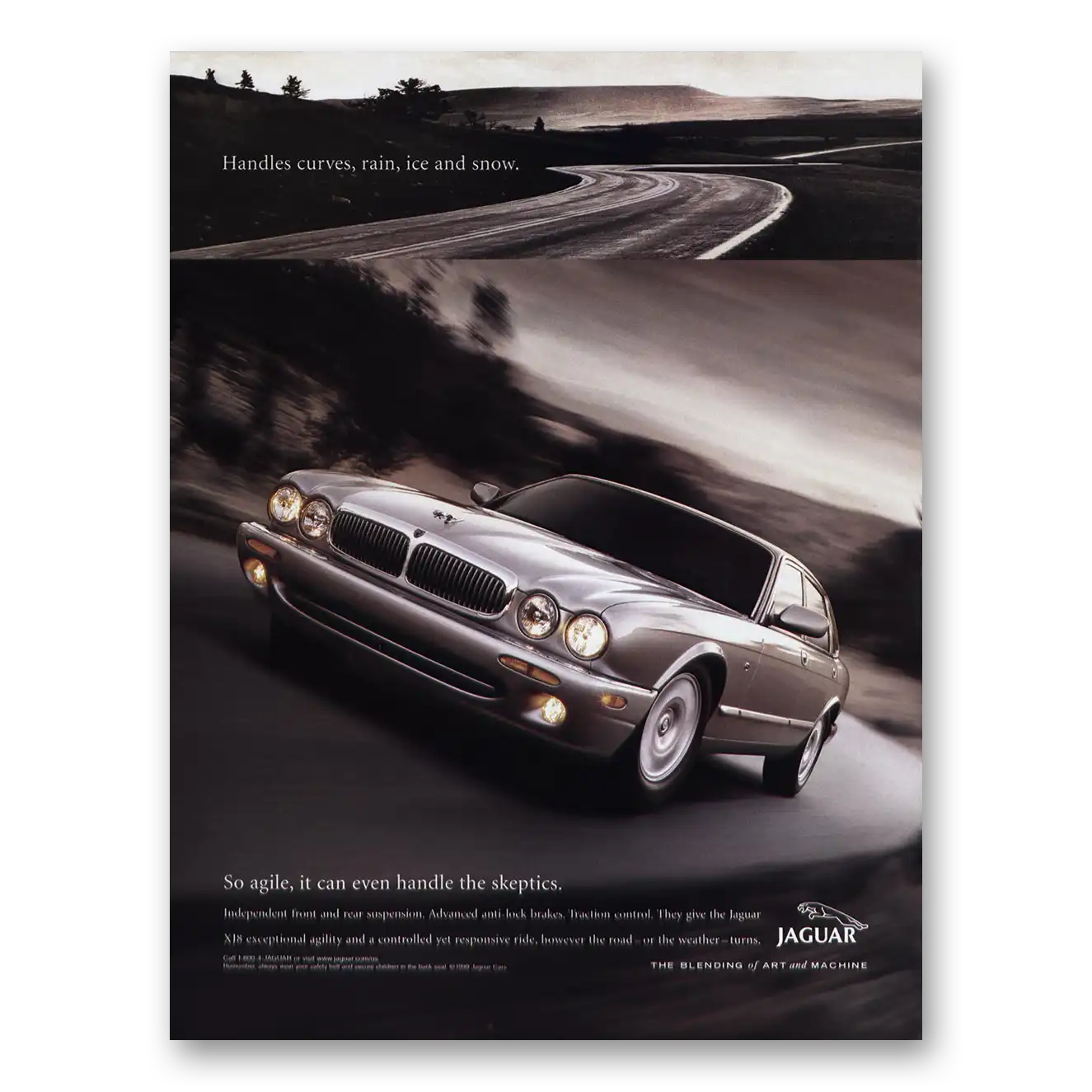 1999 Jaguar XJ8 Handles Curves Rain Ice and Snow Vintage Magazine Print Ad