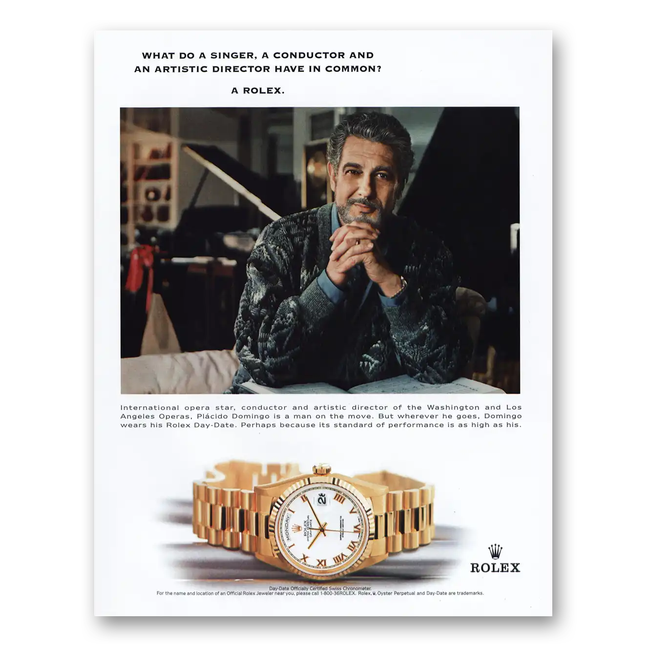 2000 Rolex Placido Domingo Vintage Magazine Print Ad