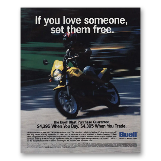 2001 Buell Motorcycles Blast If You Love Someone Set Them Free Vintage Magazine Print Ad