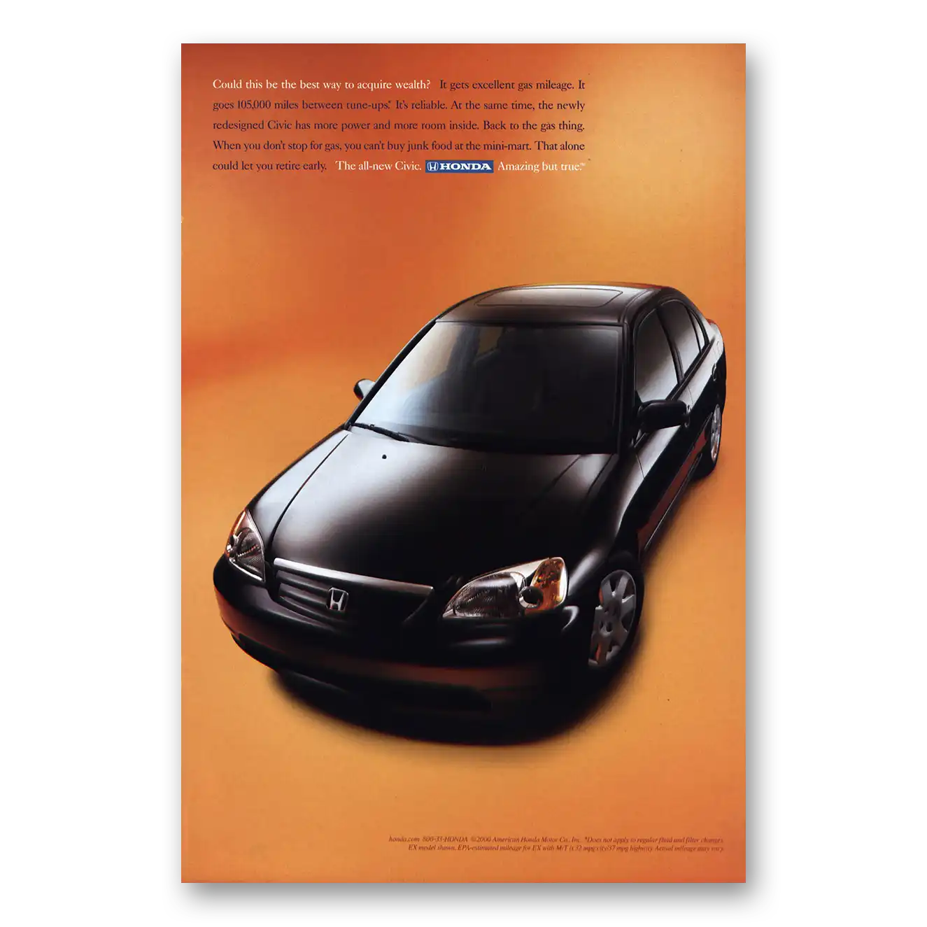 2001 Honda Civic Best Way to Acquire Wealth Vintage Magazine Print Ad