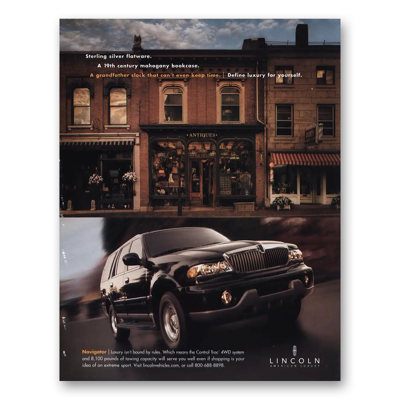 2001 Lincoln Navigator Sterling Silver Flatware Mahogany Bookcase Vintage Magazine Print Ad