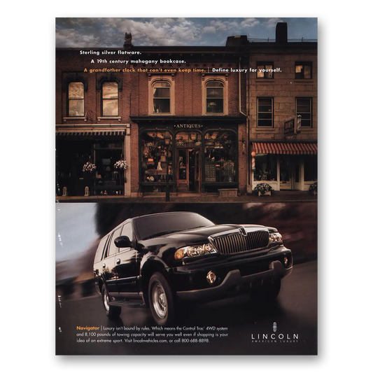 2001 Lincoln Navigator Sterling Silver Flatware Mahogany Bookcase Vintage Magazine Print Ad