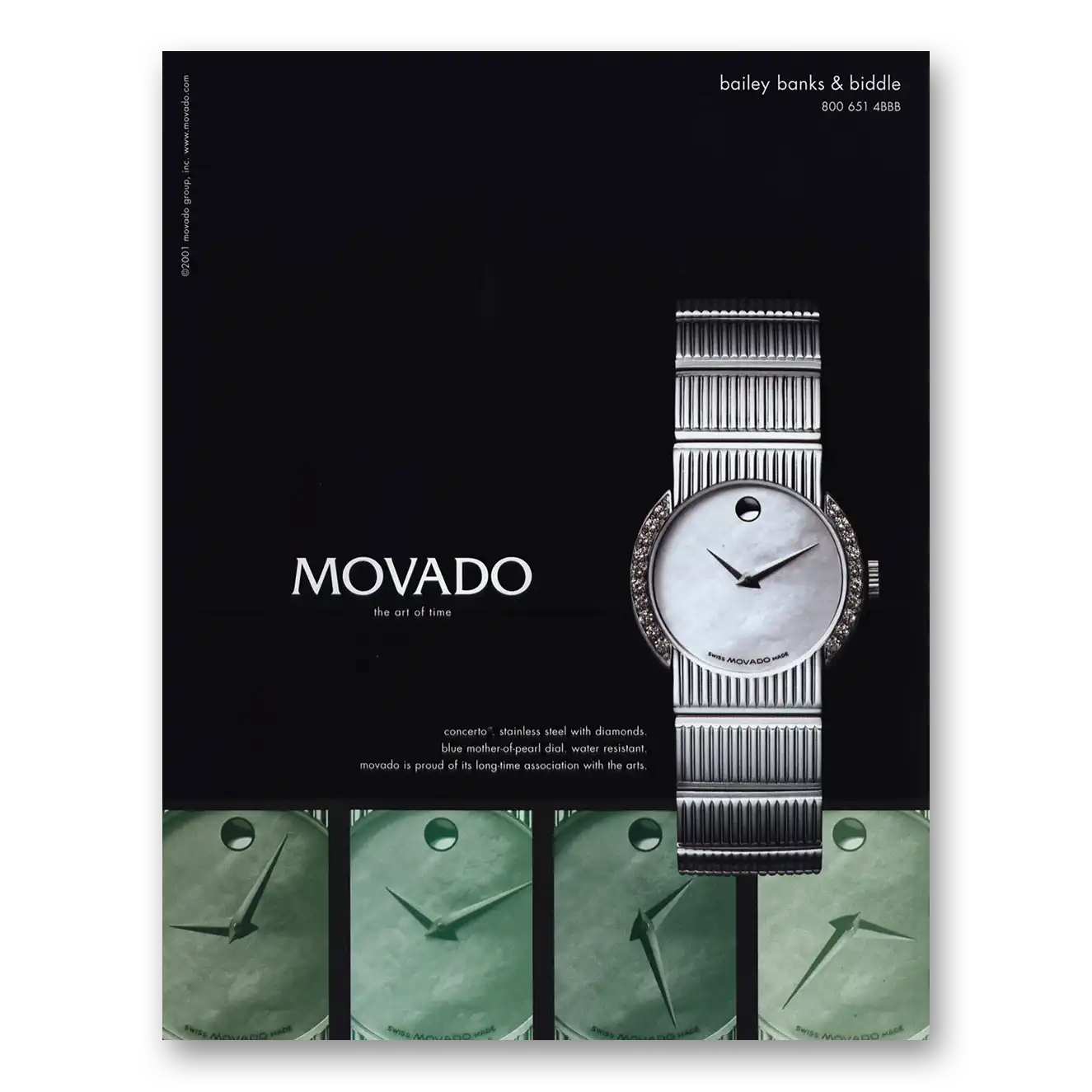 2001 Movado Watch Concerto Stainless Steel With Diamonds Vintage Magazine Print Ad