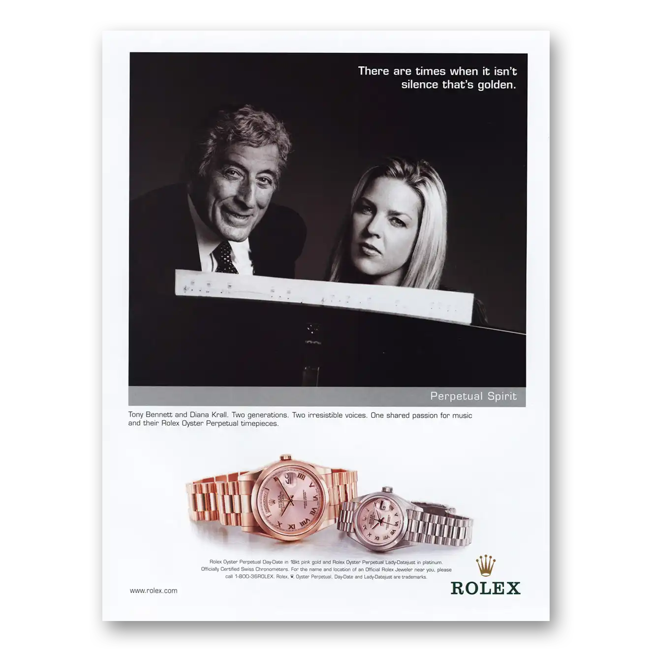 2001 Rolex Perpetual Watch Tony Bennett and Diana Krall Vintage Magazine Print Ad