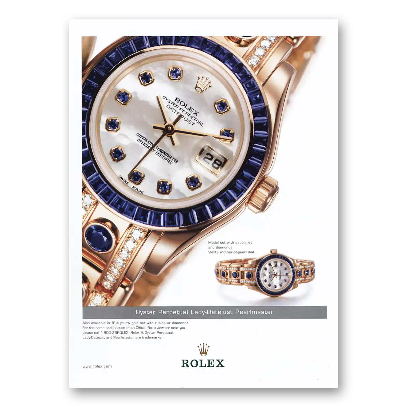 2001 Rolex Lady Datejust Pearlmaster Vintage Magazine Print Ad