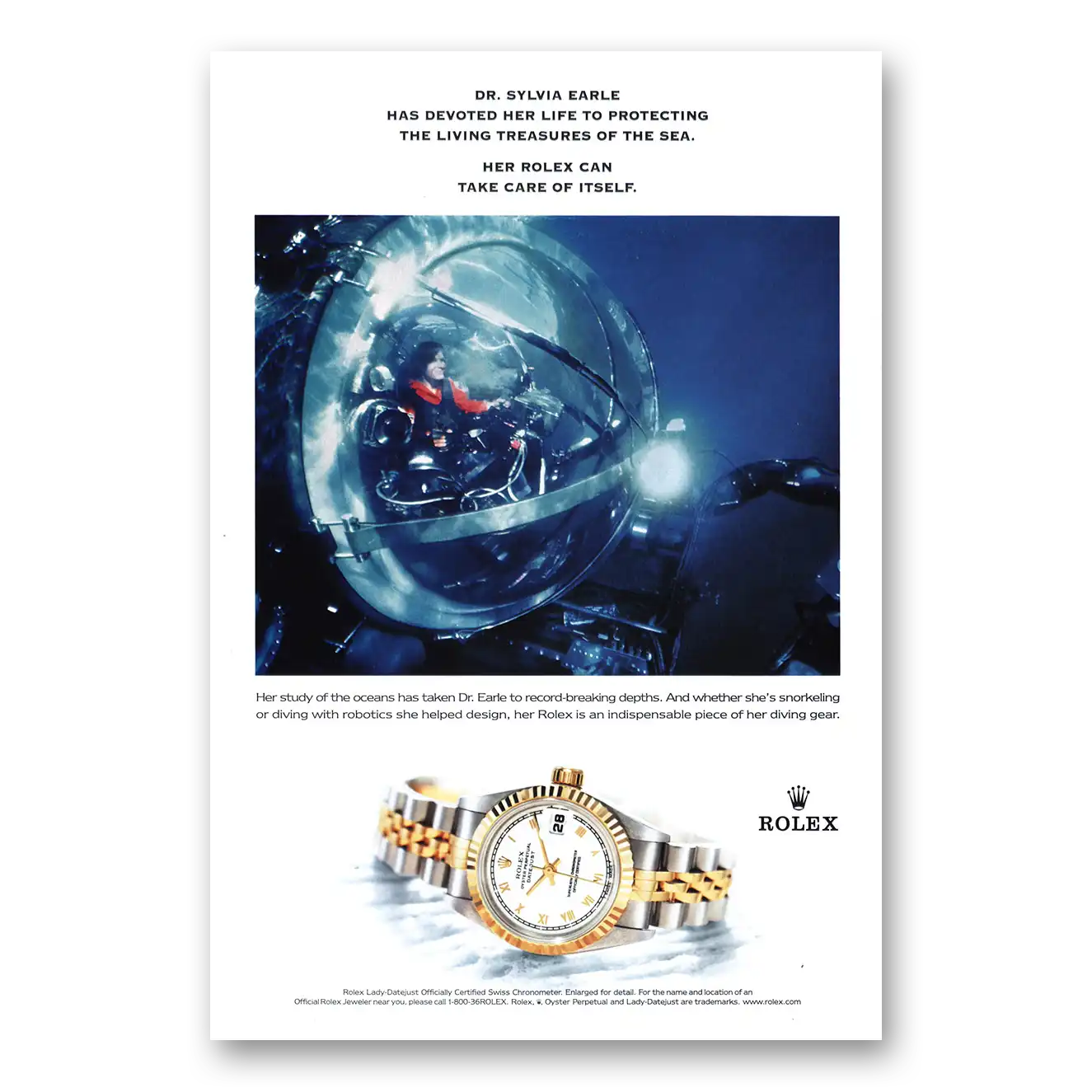 2001 Rolex Dr Sylvia Earle Recording Breaking Depths Vintage Magazine Print Ad