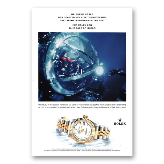 2001 Rolex Dr Sylvia Earle Recording Breaking Depths Vintage Magazine Print Ad