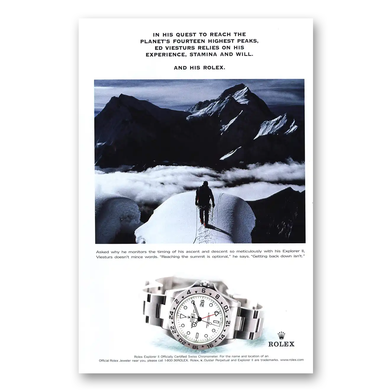 2001 Rolex Planets Fourteen Highest Peaks Ed Viesturs Vintage Magazine Print Ad