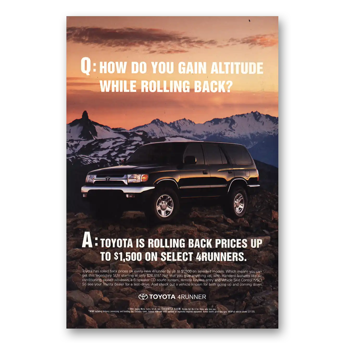 2001 Toyota 4Runner Gain Altitude Vintage Magazine Print Ad