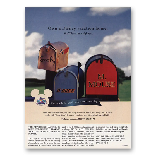 2002 Disney Vacation Club Own Disney Vacation Home Vintage Magazine Print Ad