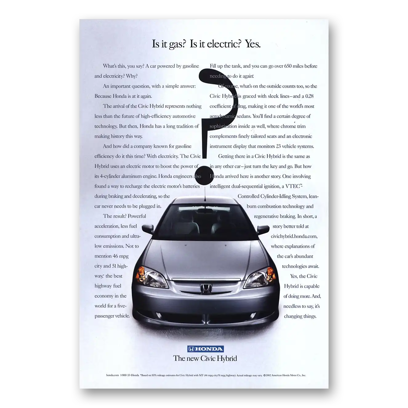 2002 Honda Civic Hybrid Is It Gas Vintage Magazine Print Ad