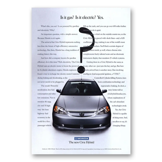 2002 Honda Civic Hybrid Is It Gas Vintage Magazine Print Ad