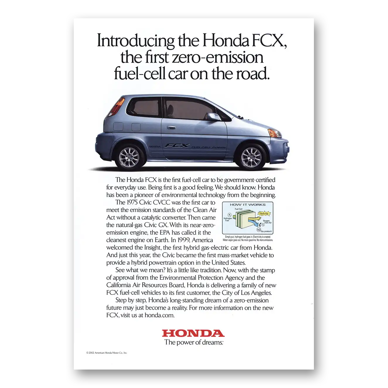 2002 Honda FCX First Zero Emission Fuel Cell Car Vintage Magazine Print Ad