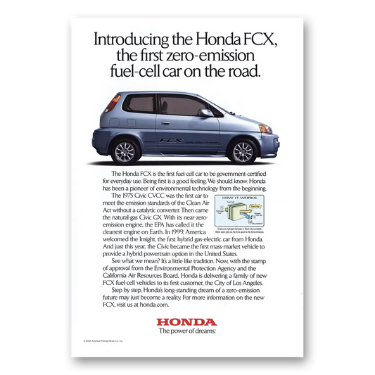 2002 Honda FCX First Zero Emission Fuel Cell Car Vintage Magazine Print Ad