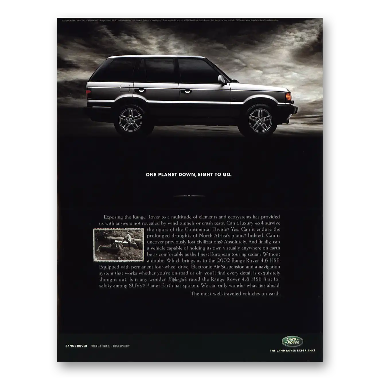 2002 Range Rover One Planet Down Eight To Go Vintage Magazine Print Ad