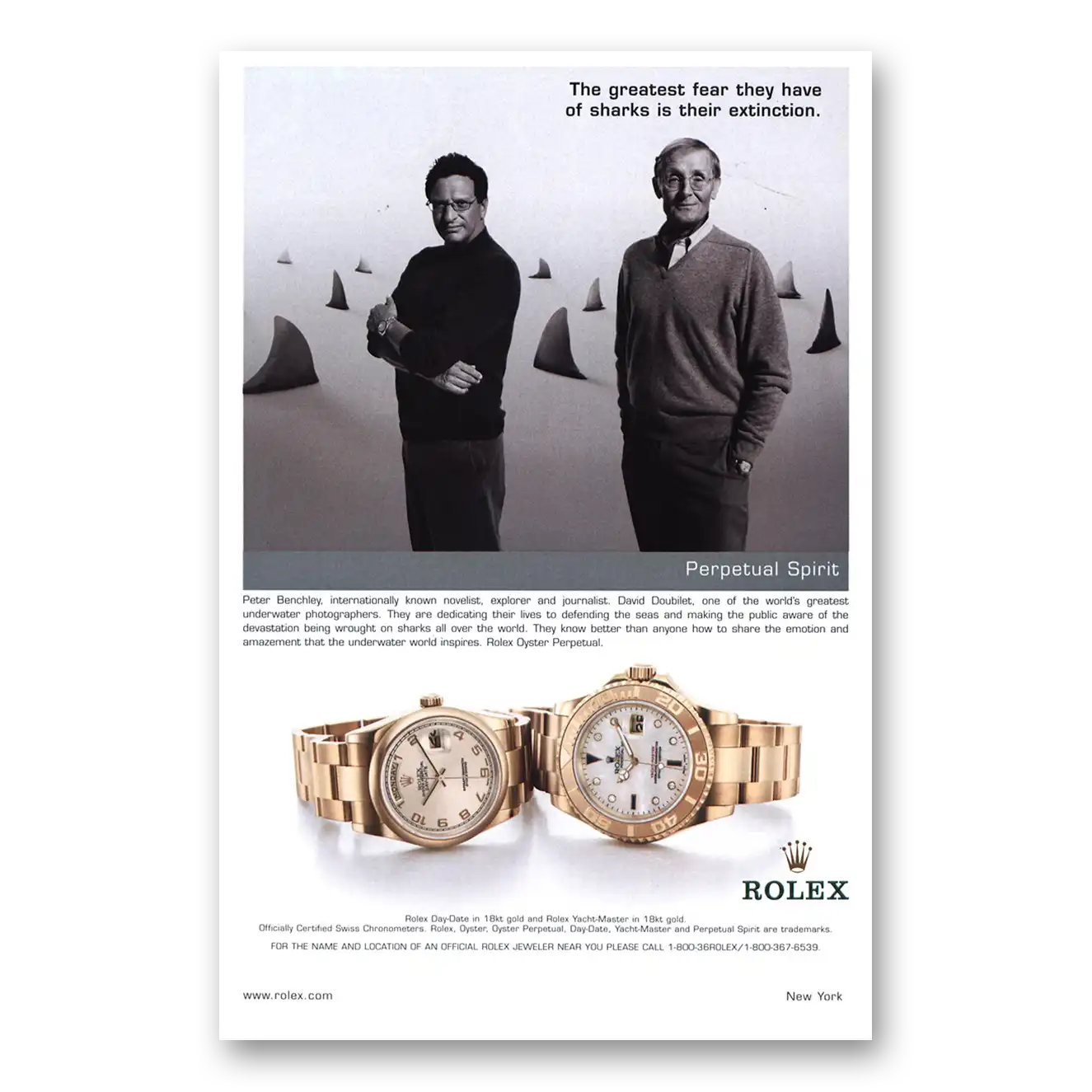 2002 Rolex Greatest Fear of Sharks Extinction Vintage Magazine Print Ad