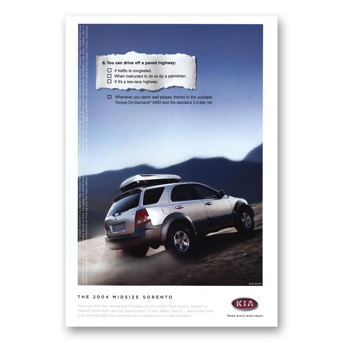 2003 Kia Sorento Drive Off Paved Highway Vintage Magazine Print Ad