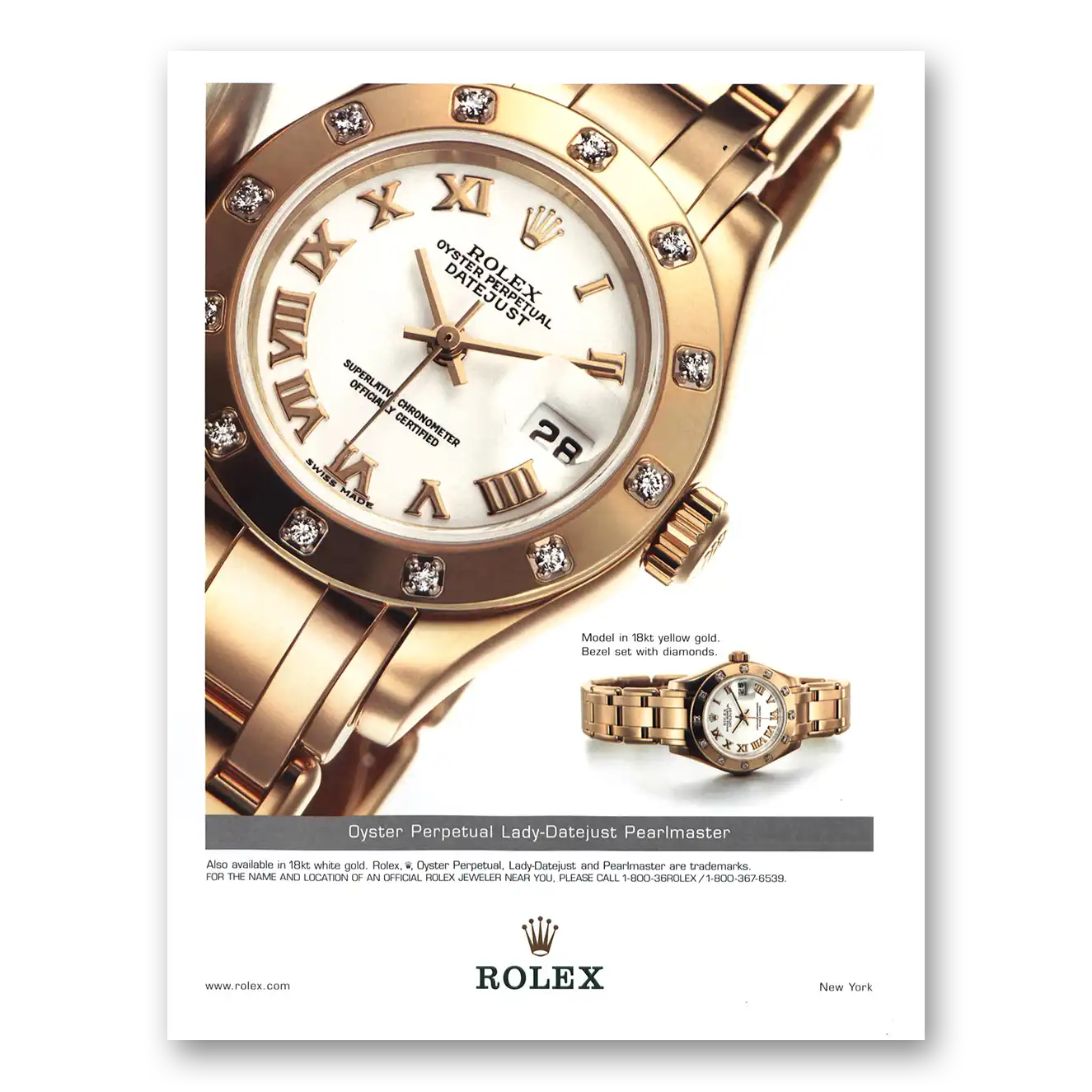 2003 Rolex Oyster Perpetual Lady Datejust Pearlmaster Vintage Magazine Print Ad