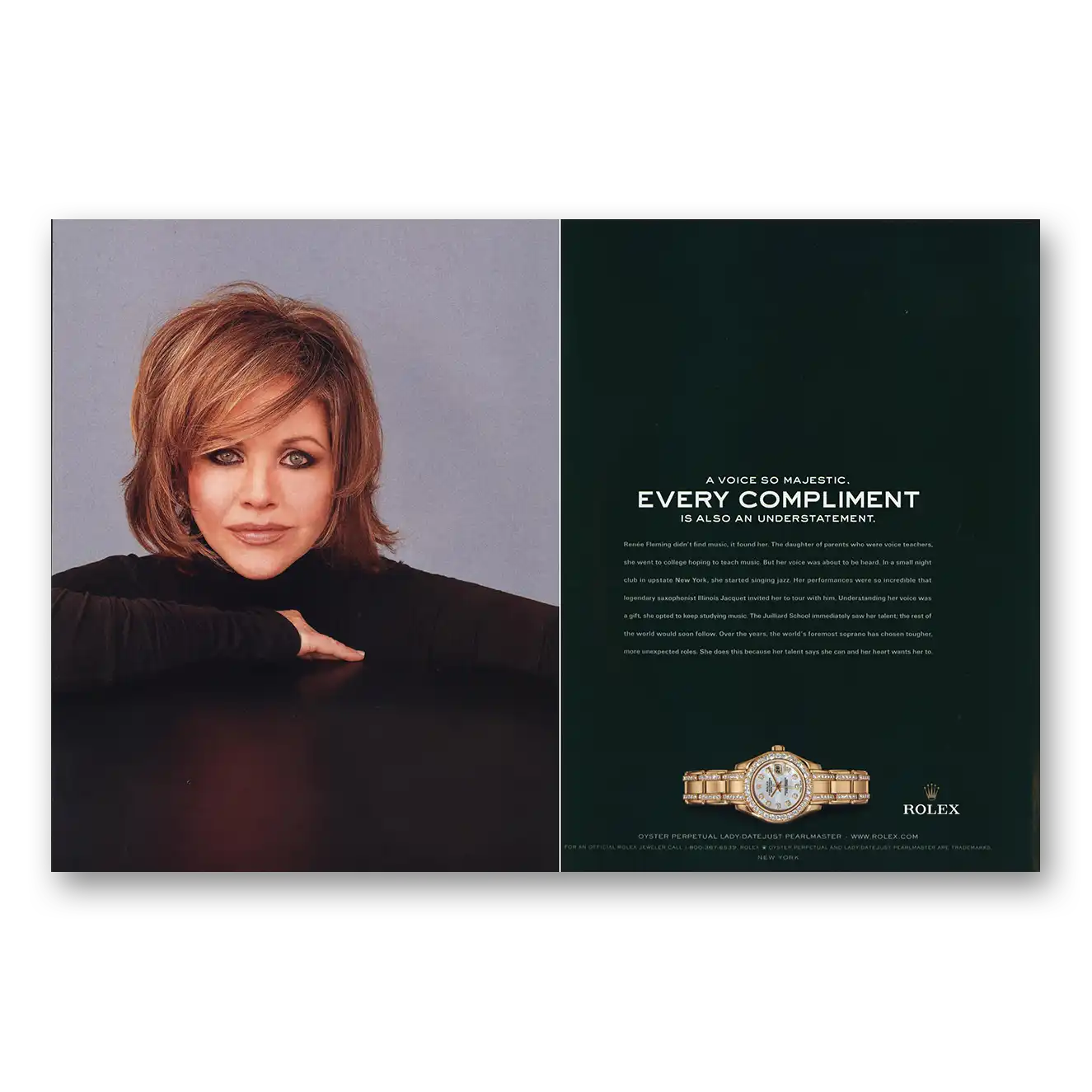 2003 Rolex Renee Fleming Every Compliment Vintage Magazine Print Ad