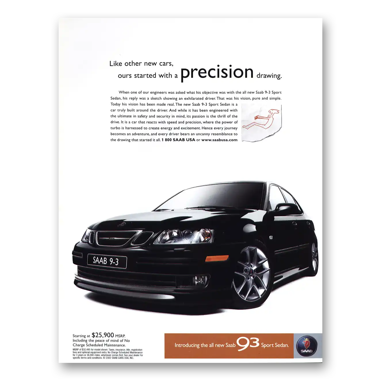 2003 Saab Started With Precision Drawing Vintage Magazine Print Ad