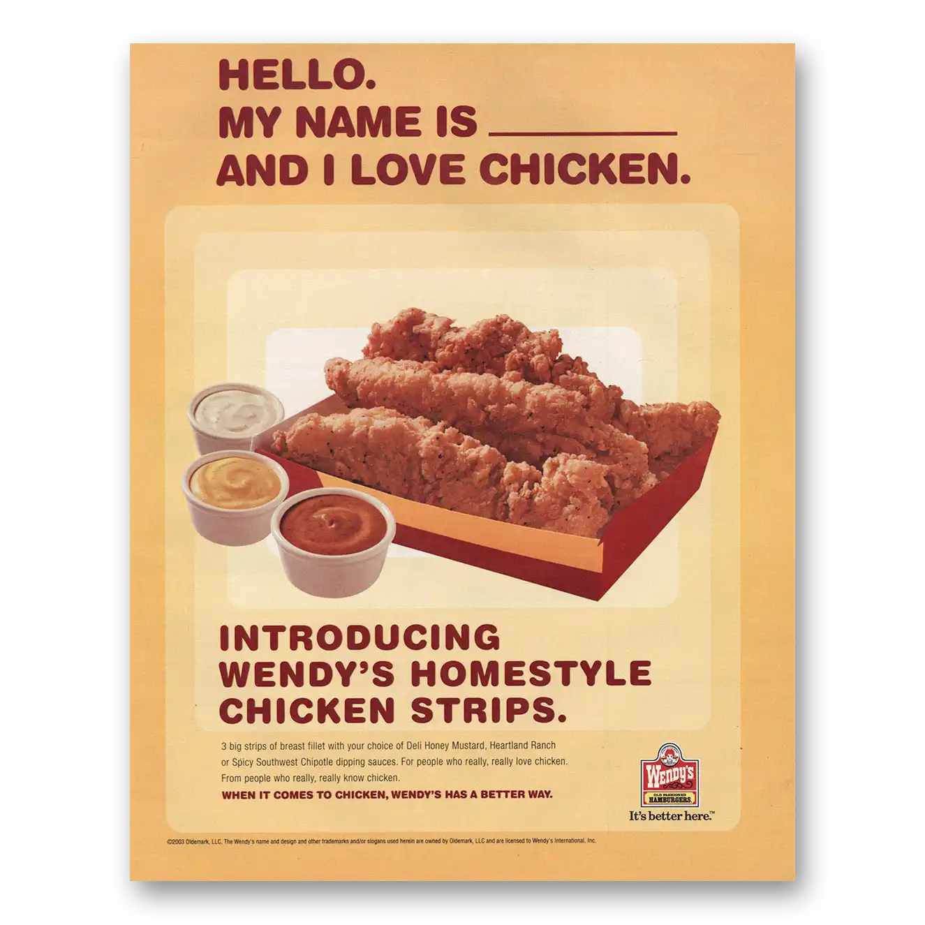 2003 Wendys Restaurant Hello My Name Is and I Love Chicken Vintage Magazine Print Ad