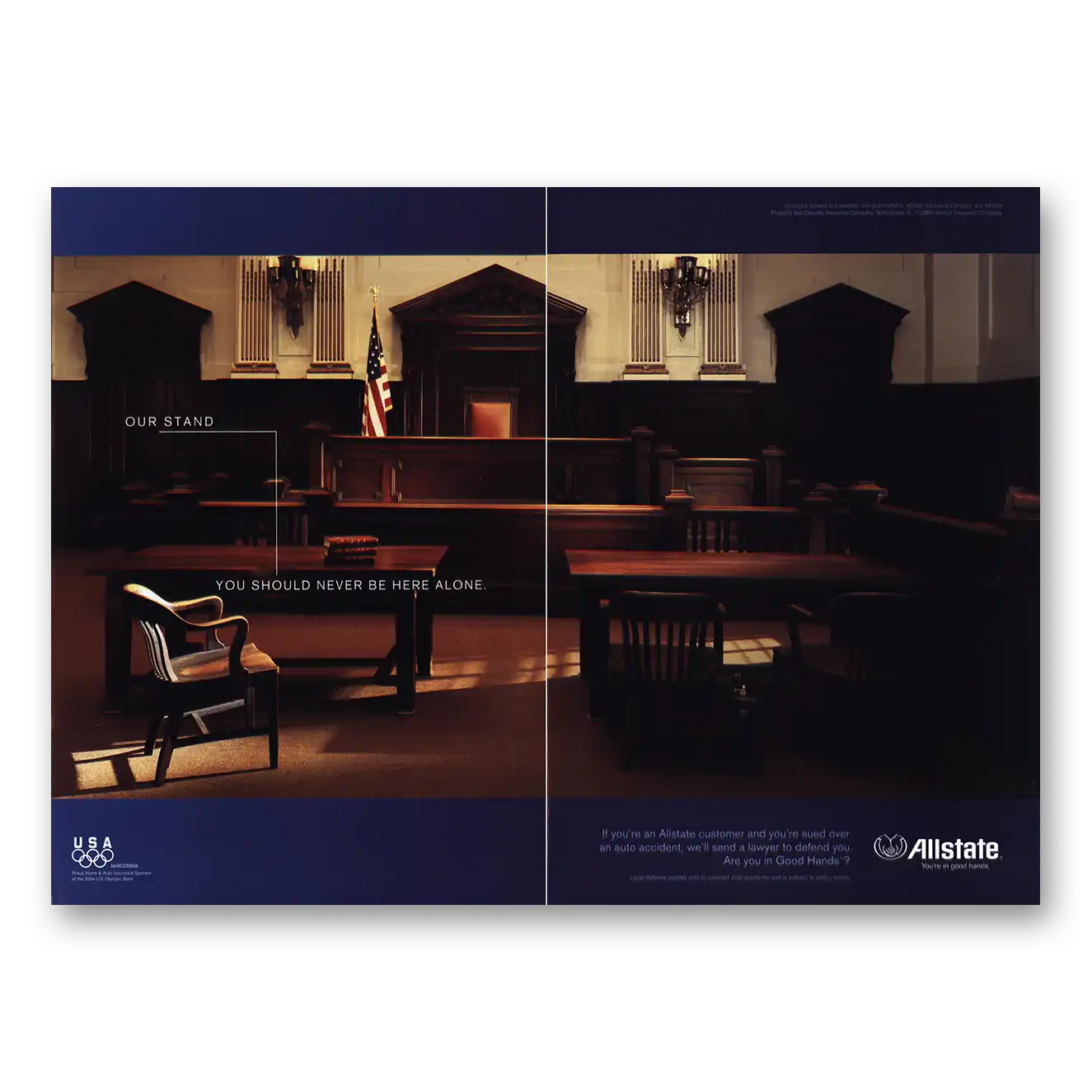 2004 Allstate Insurance Courtroom Never Be Here Alone Vintage Magazine Print Ad