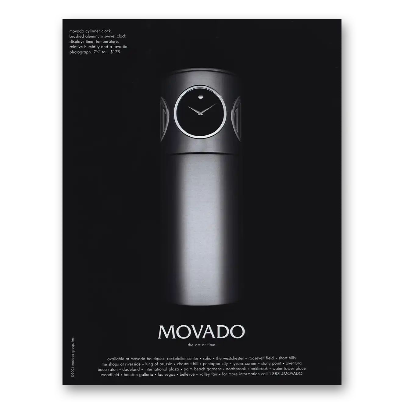 2004 Movado Watch Cylinder Clock Vintage Magazine Print Ad