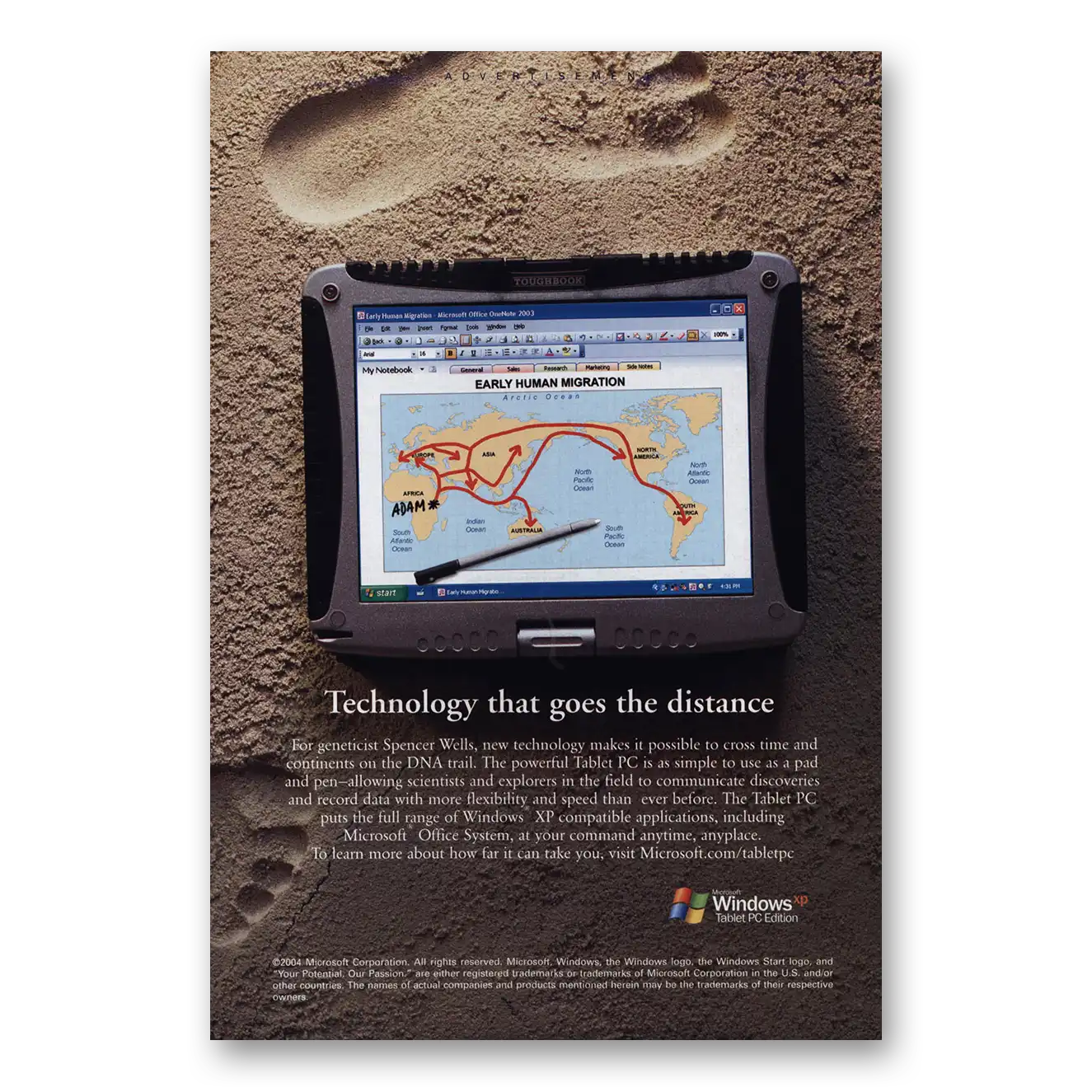 2004 Microsoft Tablet PC Technology That Goes the Distance Vintage Magazine Print Ad