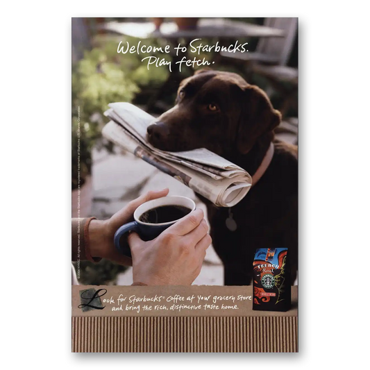 2004 Starbucks Play Fetch Chocolate Lab Vintage Magazine Print Ad