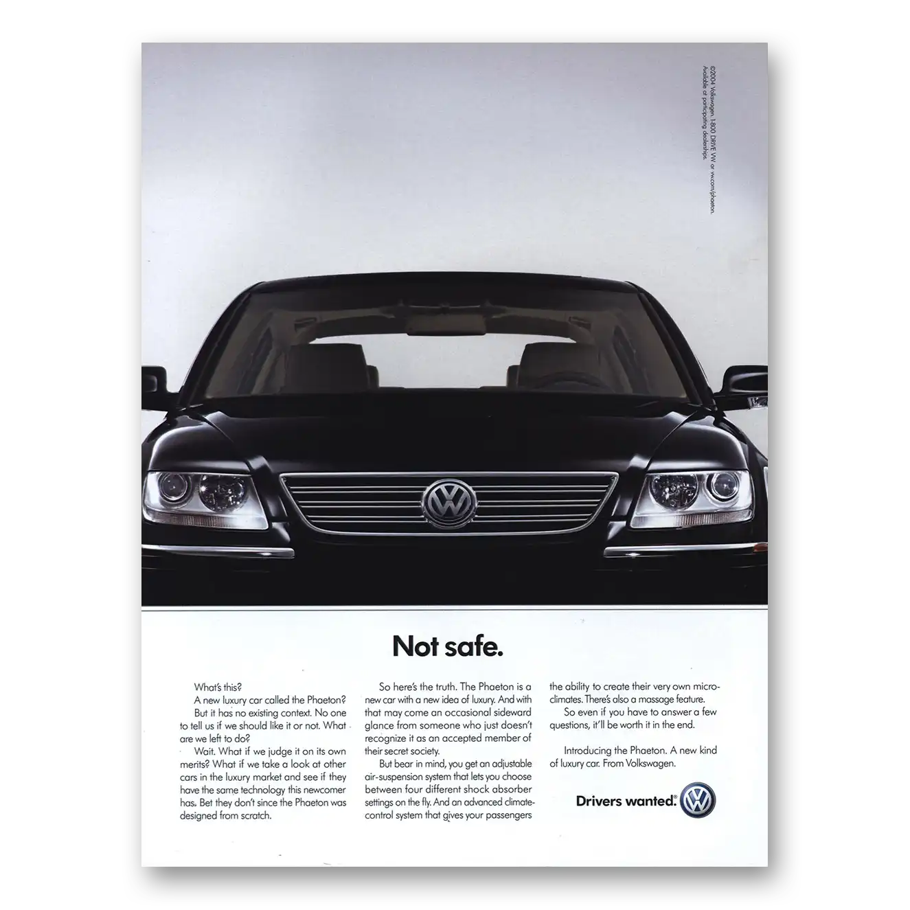 2004 Volkswagen Phaeton Not Safe Vintage Magazine Print Ad