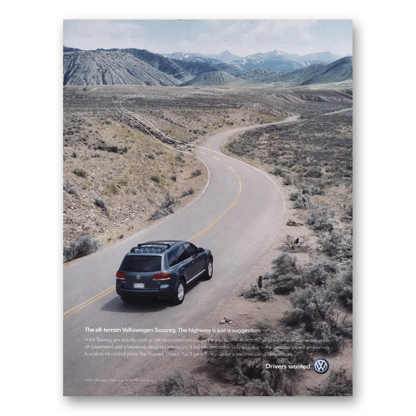 2004 Volkswagen Touareg Highway Is Just a Suggestion Vintage Magazine Print Ad