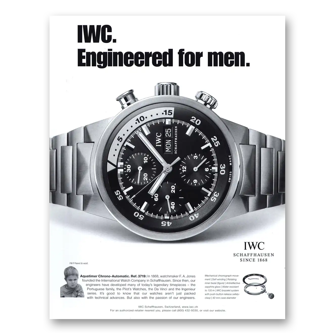 2005 IWC Watches Aquatimer Chrono Watch Engineered for Men Vintage Magazine Print Ad