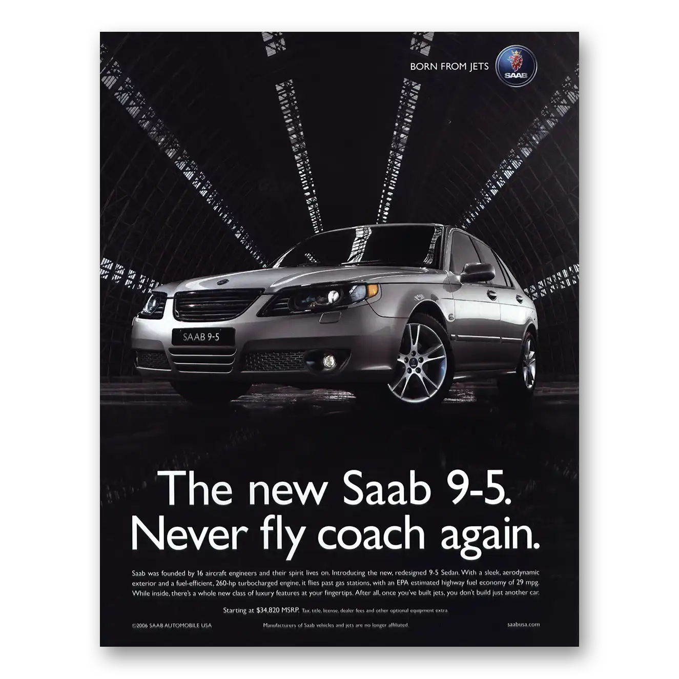 2007 Saab Never Fly Coach Again Vintage Magazine Print Ad