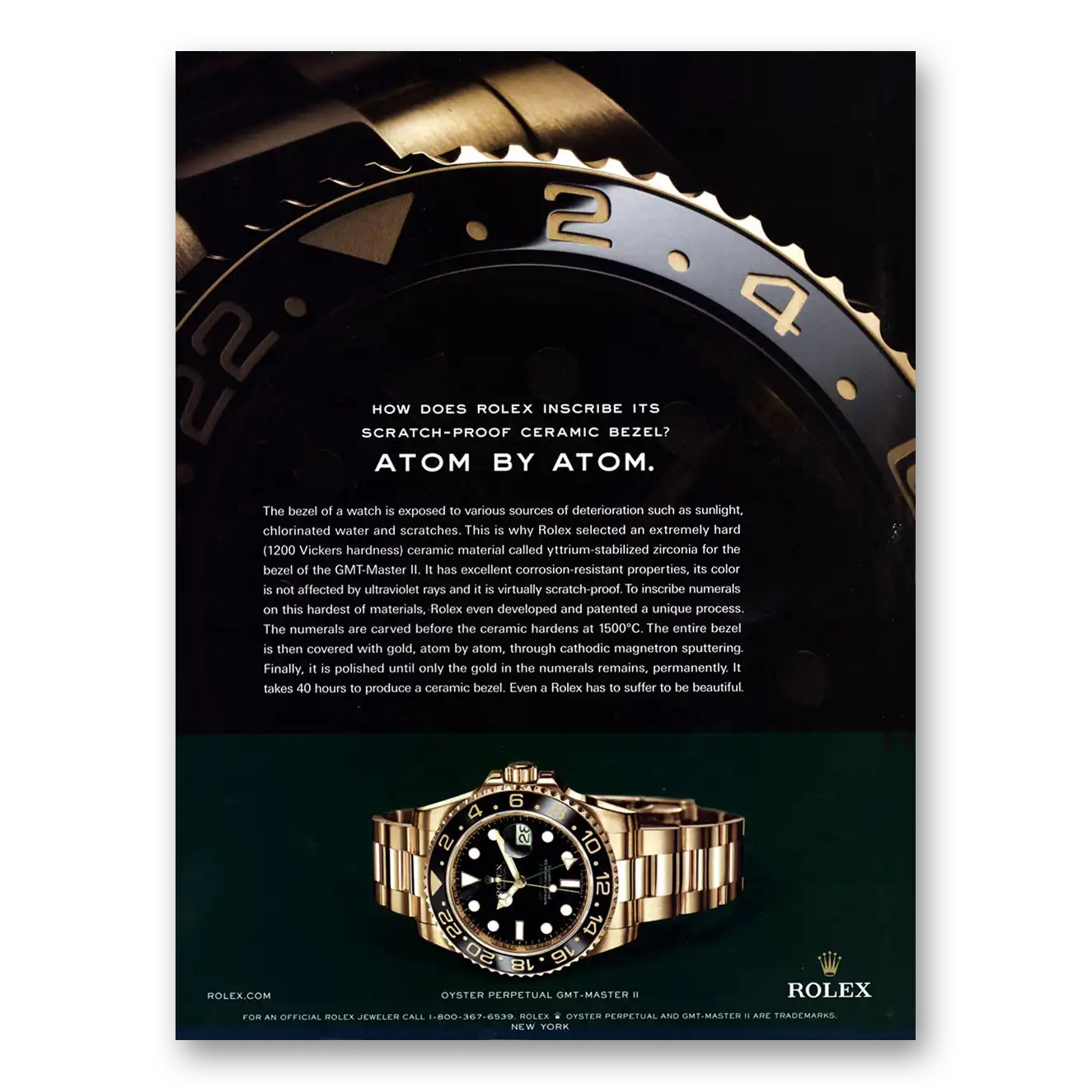 2009 Rolex Atom By Atom Ceramic Bezel Vintage Magazine Print Ad