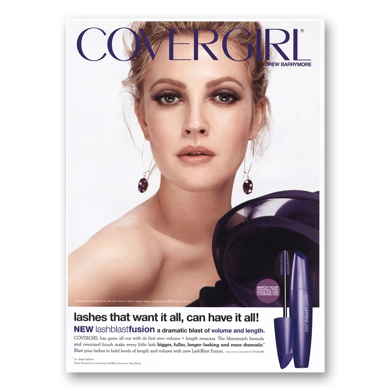 2010 Cover Girl Drew Barrymore Lash Blast Vintage Magazine Print Ad