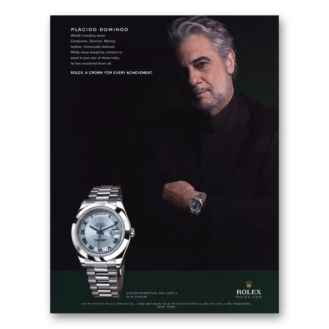 2010 Rolex Placido Domingo Vintage Magazine Print Ad