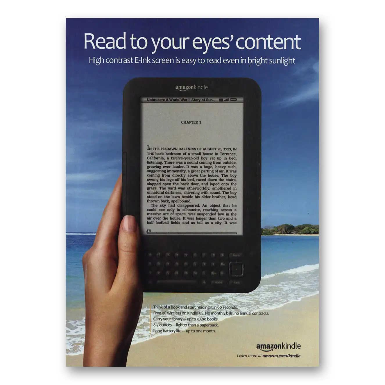 2011 Amazon Kindle Read To Eyes Content Vintage Magazine Print Ad