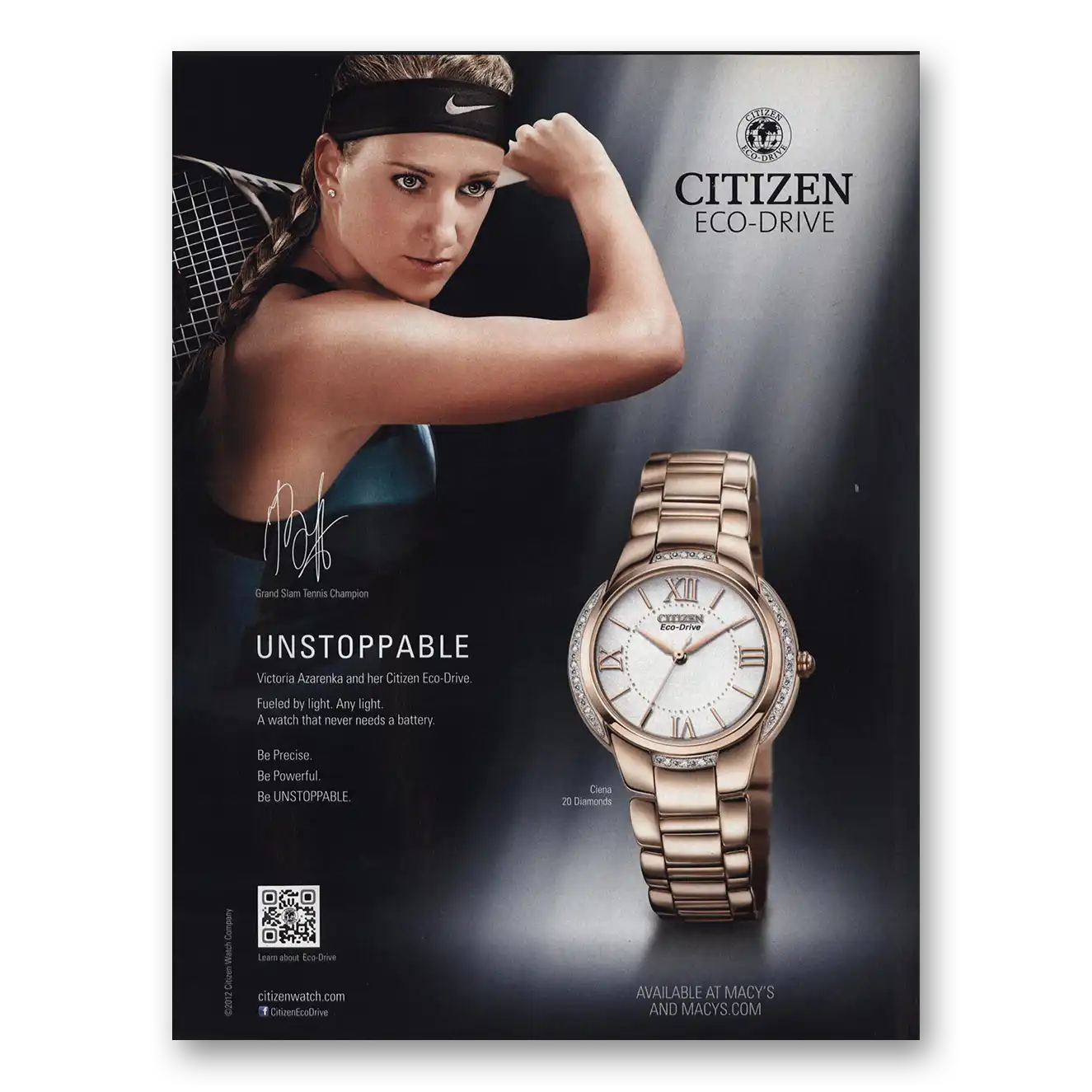 2012 Citizen Watch Victoria Azarenka Unstoppable Vintage Magazine Print Ad