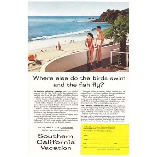 1957 Southern California 1957 ad Birds Swim Fish Fly Vintage Print Ad
