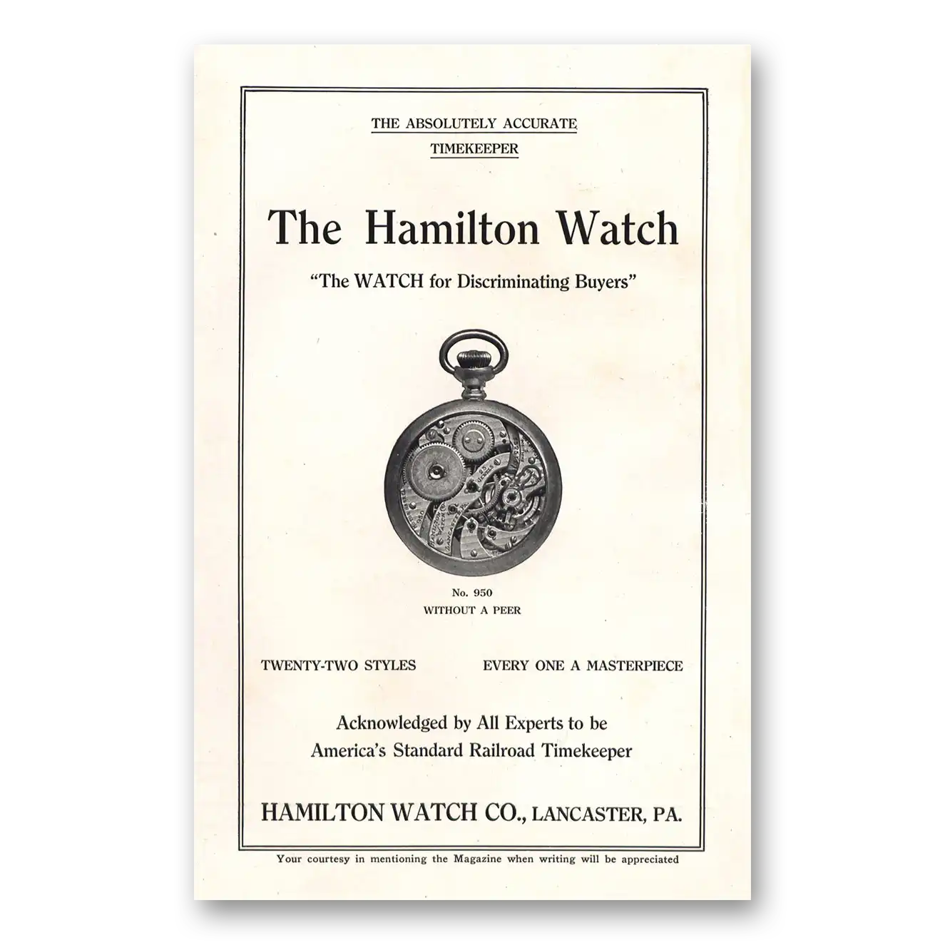 1910 Hamilton Watch Print Ad | Discriminating Buyers