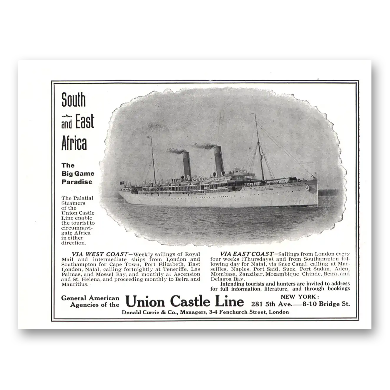 1911 Union Castle Line Print Ad | South East Africa