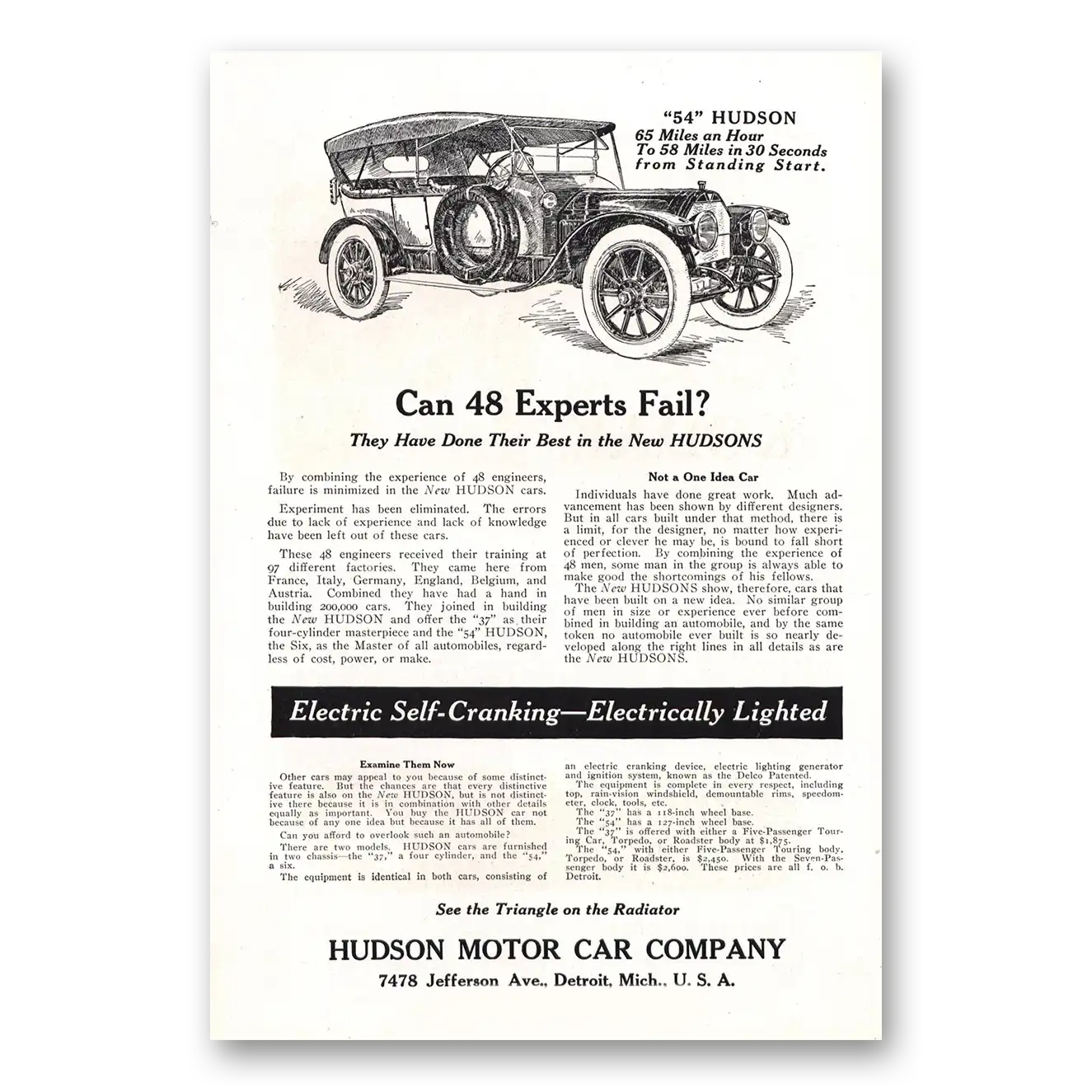 1912 Hudson Motor Car Print Ad | Experts Fail