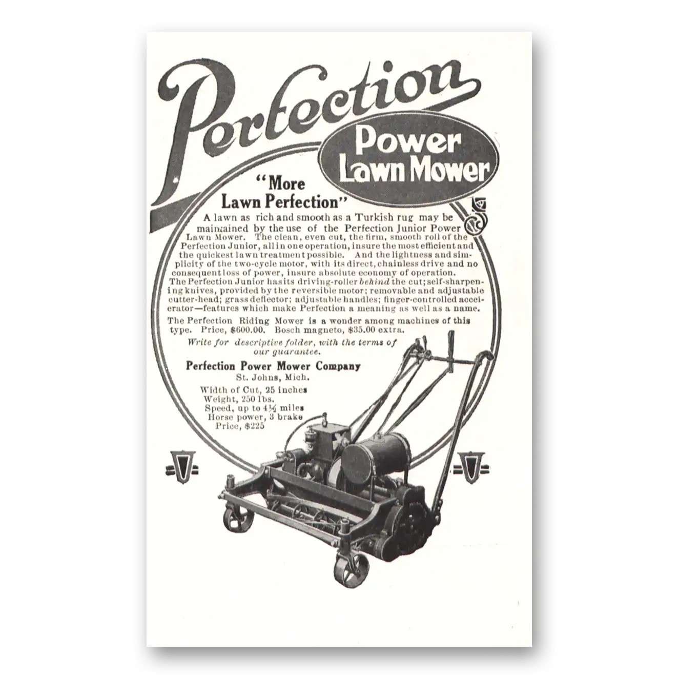1915 Perfection Power Lawn Mower Print Ad | Lawn Perfection