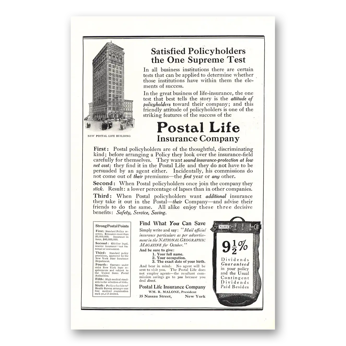 1916 Postal Life Insurance Print Ad | Policyholders