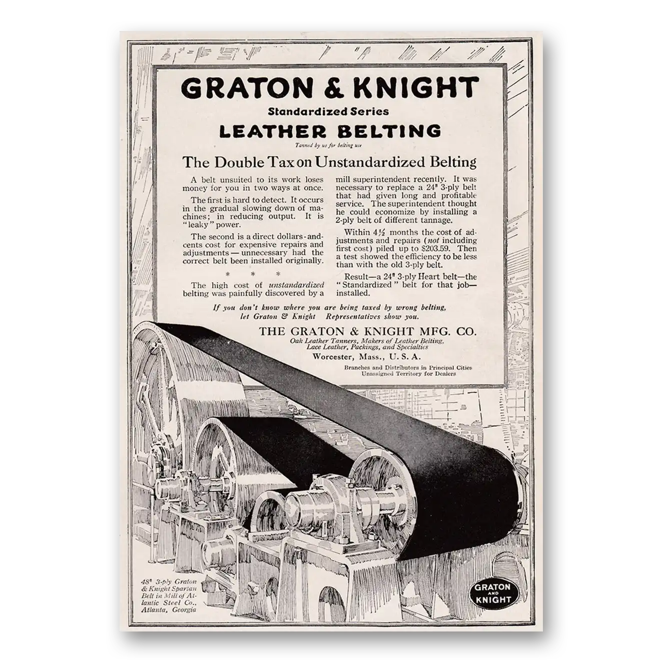 1917 Graton & Knight Leather Belting Print Ad | Unstandardized Belting
